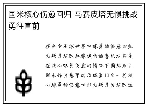 国米核心伤愈回归 马赛皮塔无惧挑战勇往直前
