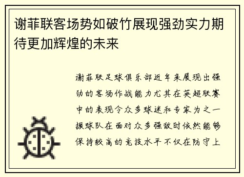 谢菲联客场势如破竹展现强劲实力期待更加辉煌的未来
